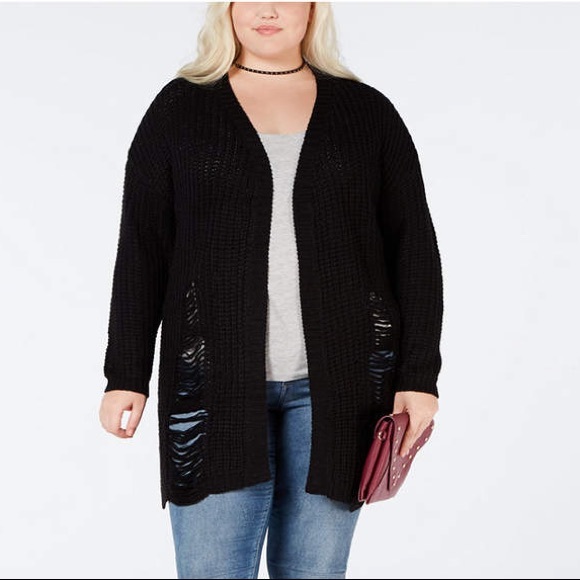 Planet Gold Sweaters - PLANET GOLD BLACK KNIT DISTRESSED CARDIGAN